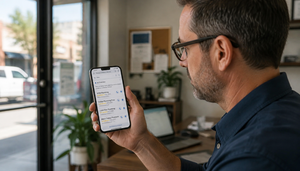 Man Checking Plumber Listings on Smartphone
