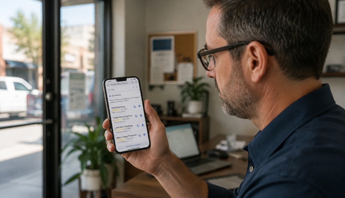 Man Checking Plumber Listings on Smartphone